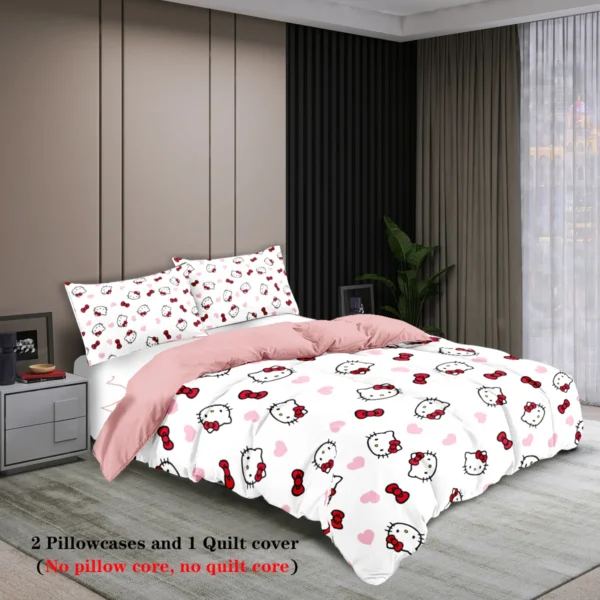 3-piece cartoon pink Hello Cat print duvet cover set (1 duvet cover+2 pillowcases, no core) comfortable bedding set - Image 3