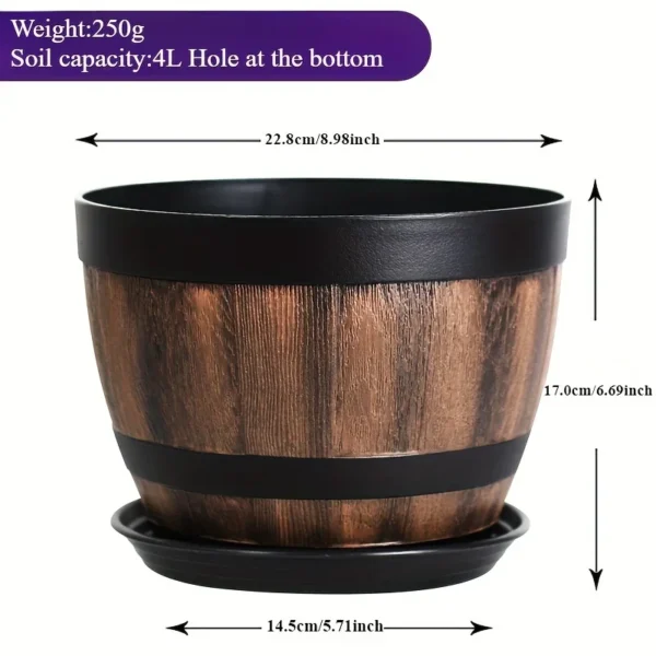 Retro whiskey barrel planter, resin striped garden flower pot with drainage holes and saucer, oval plant container - Image 2