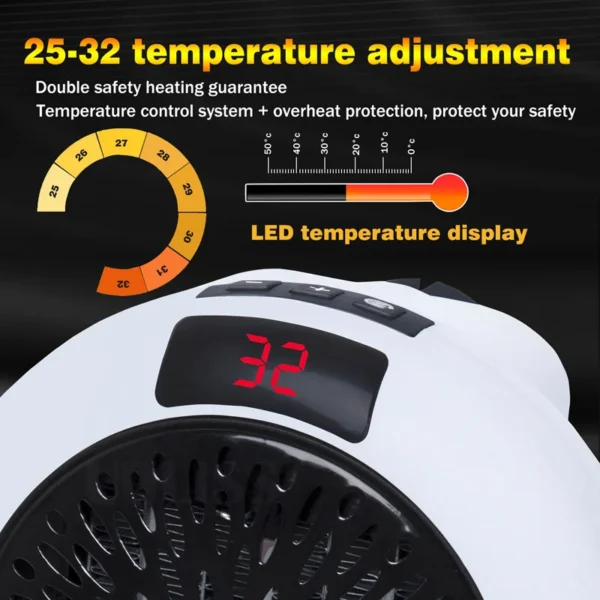 900W Mini Plug-In Electric Space Room Heater Adjustable Thermostat Personal Heater With Led Display For Office Dorm Room - Image 3