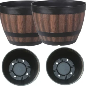 Retro whiskey barrel planter, resin striped garden flower pot with drainage holes and saucer, oval plant container