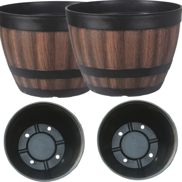 Retro whiskey barrel planter, resin striped garden flower pot with drainage holes and saucer, oval plant container