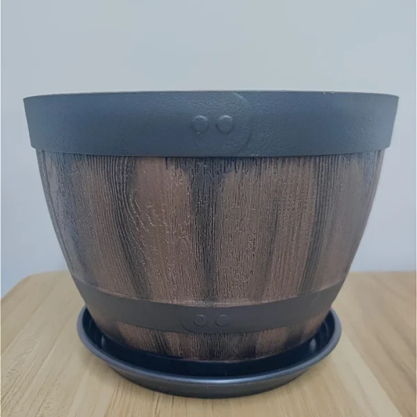 Retro whiskey barrel planter, resin striped garden flower pot with drainage holes and saucer, oval plant container - Image 3