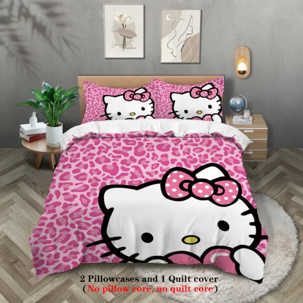 3-piece cartoon pink Hello Cat print duvet cover set (1 duvet cover+2 pillowcases, no core) comfortable bedding set - Image 4