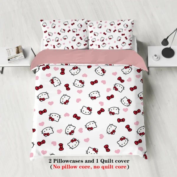 3-piece cartoon pink Hello Cat print duvet cover set (1 duvet cover+2 pillowcases, no core) comfortable bedding set - Image 2