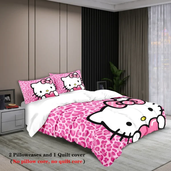 3-piece cartoon pink Hello Cat print duvet cover set (1 duvet cover+2 pillowcases, no core) comfortable bedding set - Image 6