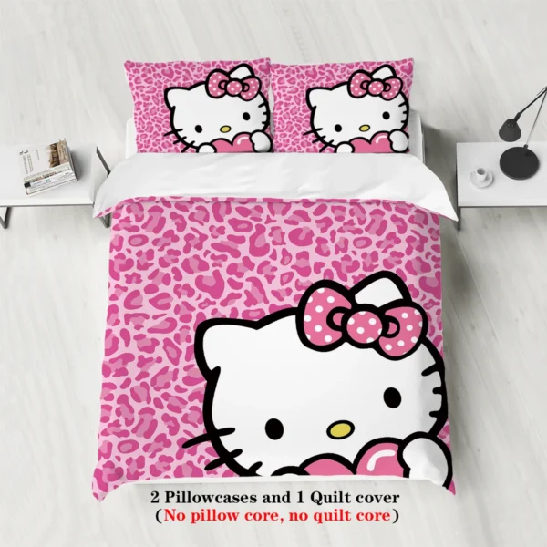 3-piece cartoon pink Hello Cat print duvet cover set (1 duvet cover+2 pillowcases, no core) comfortable bedding set - Image 5