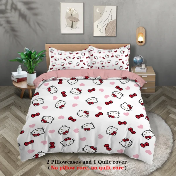 3-piece cartoon pink Hello Cat print duvet cover set (1 duvet cover+2 pillowcases, no core) comfortable bedding set